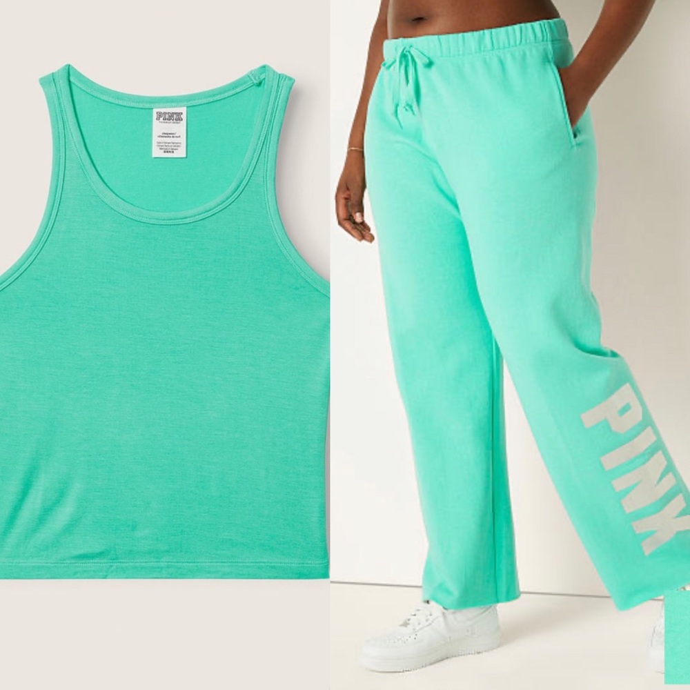 Victorias Secret NEW Teal Ice Heritage Sweatpants And Modal Sleep Cami Top SET